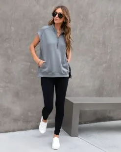 Athena Pocketed Half Zip Short Sleeve Sweatshirt - Grey - SALE -clothes Sales athenapocketedhalfzipshortsleevesweatshirtgrey 35