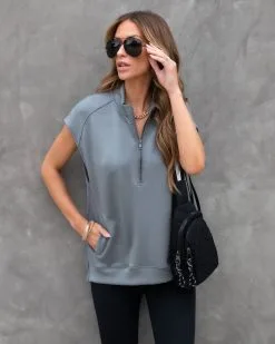 Athena Pocketed Half Zip Short Sleeve Sweatshirt - Grey - SALE -clothes Sales athenapocketedhalfzipshortsleevesweatshirtgrey 58