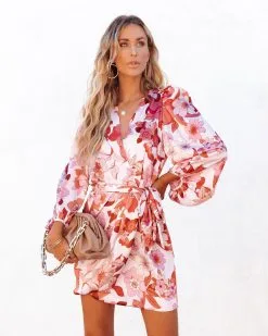Autumn Skies Floral Satin Wrap Mini Dress - FINAL SALE -clothes Sales autumnskiesfloralsatinwrapminidress111