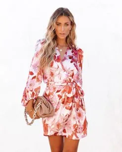 Autumn Skies Floral Satin Wrap Mini Dress - FINAL SALE -clothes Sales autumnskiesfloralsatinwrapminidress119