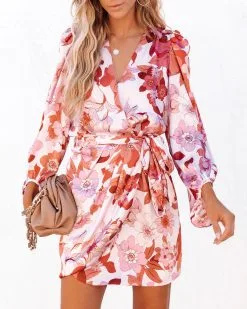 Autumn Skies Floral Satin Wrap Mini Dress - FINAL SALE -clothes Sales autumnskiesfloralsatinwrapminidress137