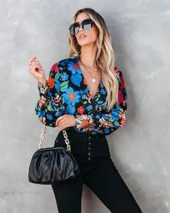 ENTR-001 Back In Time Floral Satin Bodysuit - Black - FINAL SALE