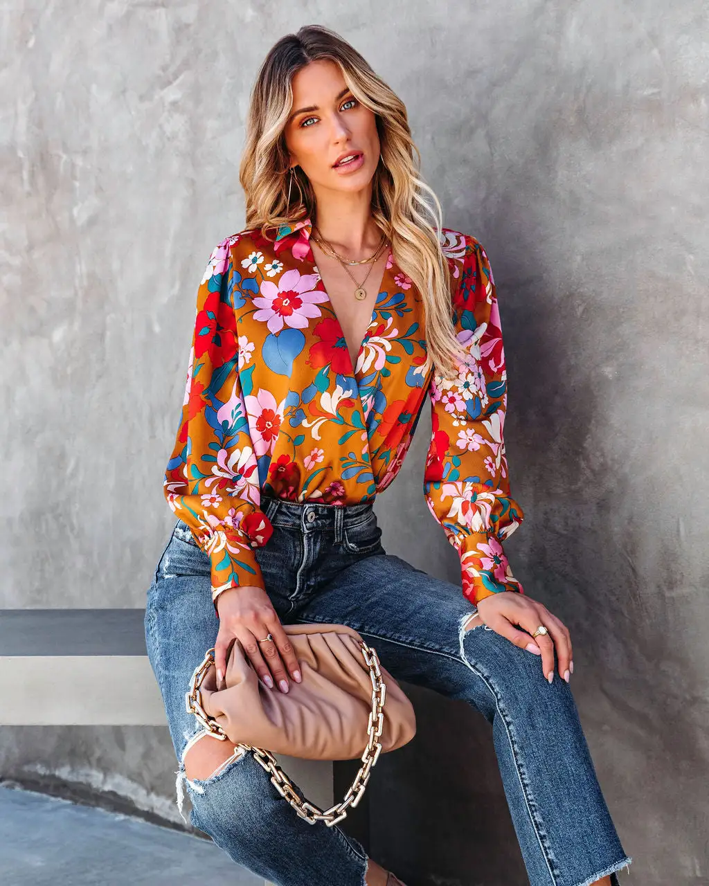 ENTR-001 Back In Time Floral Satin Bodysuit - Marigold - FINAL SALE 5 ENTR-001 Back In Time Floral Satin Bodysuit - Marigold - FINAL SALE - Image 5