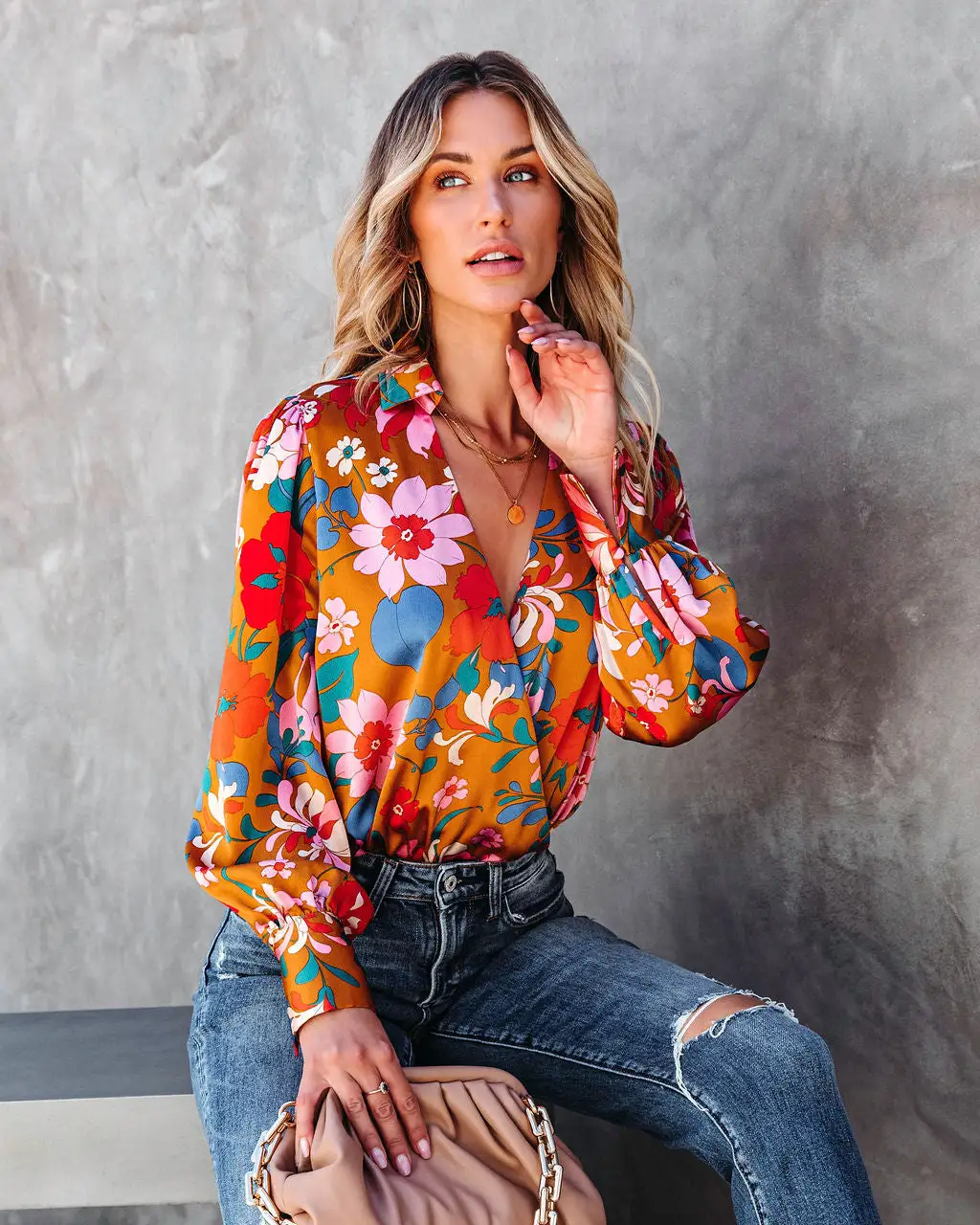 ENTR-001 Back In Time Floral Satin Bodysuit - Marigold - FINAL SALE 1 ENTR-001 Back In Time Floral Satin Bodysuit - Marigold - FINAL SALE
