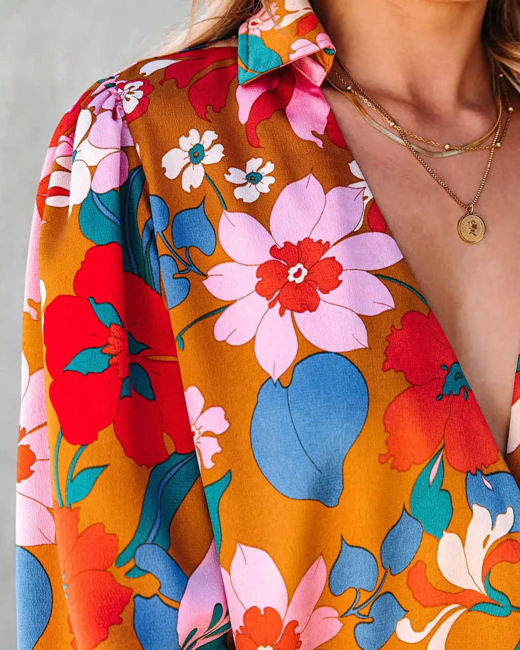 ENTR-001 Back In Time Floral Satin Bodysuit - Marigold - FINAL SALE 2 ENTR-001 Back In Time Floral Satin Bodysuit - Marigold - FINAL SALE - Image 2