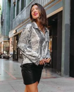 Be A Star Sequins Button Down Top - Silver - FINAL SALE -clothes Sales beastarsequinsbuttondowntopsilver187