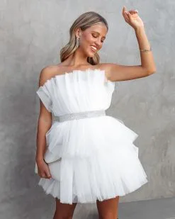 Beauty Queen Strapless Tiered Tulle Embellished Mini Dress - White - FINAL SALE -clothes Sales beautyqueenstraplesstieredtullembellishedblazersilver105 1