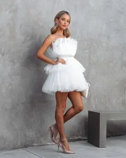 Beauty Queen Strapless Tiered Tulle Embellished Mini Dress - White - FINAL SALE -clothes Sales beautyqueenstraplesstieredtullembellishedblazersilver44