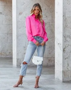 Bessy Button Down Ruffle Blouse - Pink - FINAL SALE