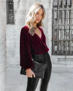 SALT-001 Bevie Velvet Long Sleeve Bodysuit - Wine - FINAL SALE 9 SALT-001 Bevie Velvet Long Sleeve Bodysuit - Wine - FINAL SALE -clothes Sales bevielongsleevevelvetbodysuitwineandkyliefauxleatherpantsblack45