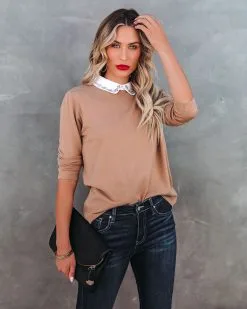 Black Tie Collared Embellished Sweater - Camel - FINAL SALE