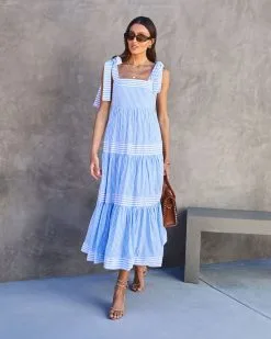 Boston Harbor Cotton Stripe Shoulder Tie Midi Dress
