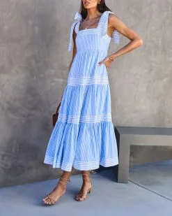 Boston Harbor Cotton Stripe Shoulder Tie Midi Dress -clothes Sales bostonharborcottonstripeshouldertiemididress49