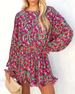 ENDL-001 Bougainvillea Floral Pleated Crop Top - LAST CHANCE -clothes Sales bougainvilleafloralpleatedminiskirtandcroptop141