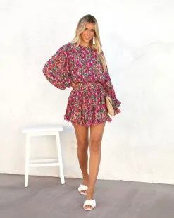 ENDL-001 Bougainvillea Floral Pleated Crop Top - LAST CHANCE -clothes Sales bougainvilleafloralpleatedminiskirtandcroptop78