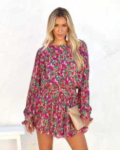 ENDL-001 Bougainvillea Floral Pleated Crop Top - LAST CHANCE