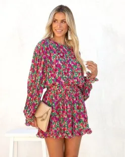 ENDL-001 Bougainvillea Floral Pleated Crop Top - LAST CHANCE -clothes Sales bougainvilleafloralpleatedminiskirtandcroptop98