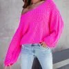 Breezy Fun Knit V-Neck Sweater - Hot Pink
