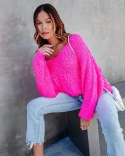Breezy Fun Knit V-Neck Sweater - Hot Pink -clothes Sales breezyfunknitvnecksweaterhotpink 8