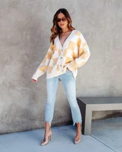 Bust A Move Checkered Button Front Cardigan - Cream/Banana -clothes Sales bustamovecheckeredbuttonfrontcardigancreambanana 1