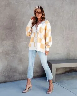 Bust A Move Checkered Button Front Cardigan - Cream/Banana -clothes Sales bustamovecheckeredbuttonfrontcardigancreambanana 2