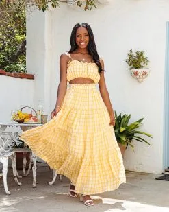 MABL-001 Buttercup Gingham Maxi Skirt - Yellow - FINAL SALE -clothes Sales buttercupginghamsmockedcroptopandmaxiskirtyellow203