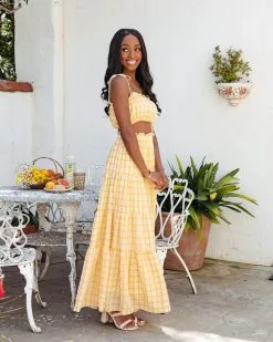 MABL-001 Buttercup Gingham Maxi Skirt - Yellow - FINAL SALE -clothes Sales buttercupginghamsmockedcroptopandmaxiskirtyellow73