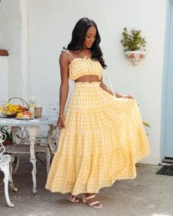 MABL-001 Buttercup Gingham Maxi Skirt - Yellow - FINAL SALE -clothes Sales buttercupginghamsmockedcroptopandmaxiskirtyellow77