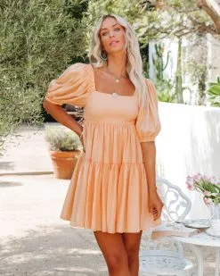 MABL-001 Catch Feels Puff Sleeve Babydoll Mini Dress - Peach - FINAL SALE -clothes Sales catchfeelspuffsleevebabydollminidressspeach72
