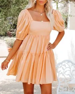 MABL-001 Catch Feels Puff Sleeve Babydoll Mini Dress - Peach - FINAL SALE -clothes Sales catchfeelspuffsleevebabydollminidressspeach99