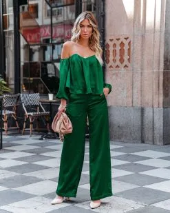 DEE-001 Clockwork Pocketed Satin Wide Leg Trousers - Green - FINAL SALE -clothes Sales clockworksatinofftheshoulderblouseandtrousersgreen1