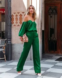 DEE-001 Clockwork Pocketed Satin Wide Leg Trousers - Green - FINAL SALE