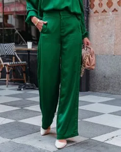 DEE-001 Clockwork Pocketed Satin Wide Leg Trousers - Green - FINAL SALE -clothes Sales clockworksatinofftheshoulderblouseandtrousersgreen32