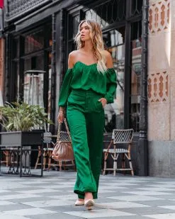 DEE-001 Clockwork Pocketed Satin Wide Leg Trousers - Green - FINAL SALE -clothes Sales clockworksatinofftheshoulderblouseandtrousersgreen35
