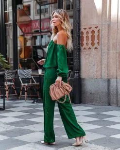 DEE-001 Clockwork Pocketed Satin Wide Leg Trousers - Green - FINAL SALE -clothes Sales clockworksatinofftheshoulderblouseandtrousersgreen6
