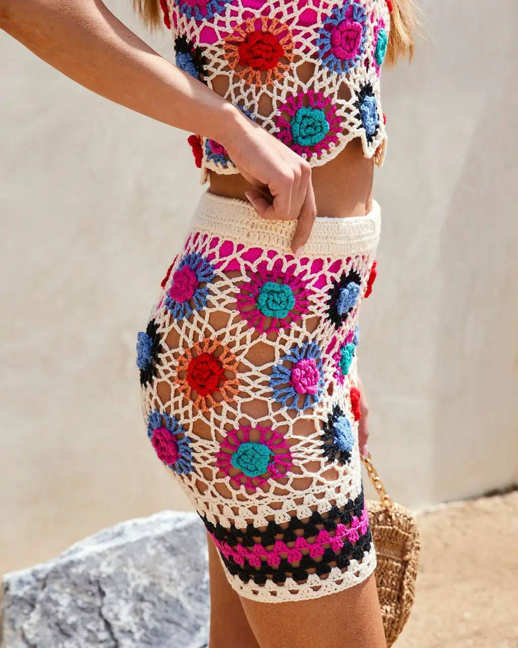 DREA-001 Desert Sands Crochet Knit Cover Up Mini Skirt - Cream 2 DREA-001 Desert Sands Crochet Knit Cover Up Mini Skirt - Cream - Image 2