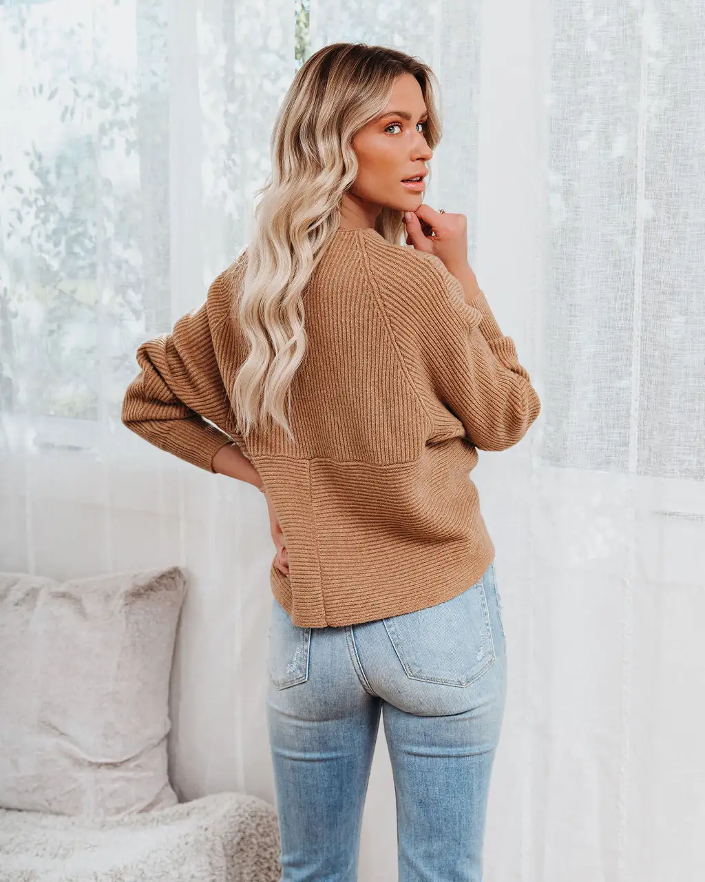 Crossover Ribbed Knit Sweater - Camel - FINAL SALE 2 Crossover Ribbed Knit Sweater - Camel - FINAL SALE - Image 2