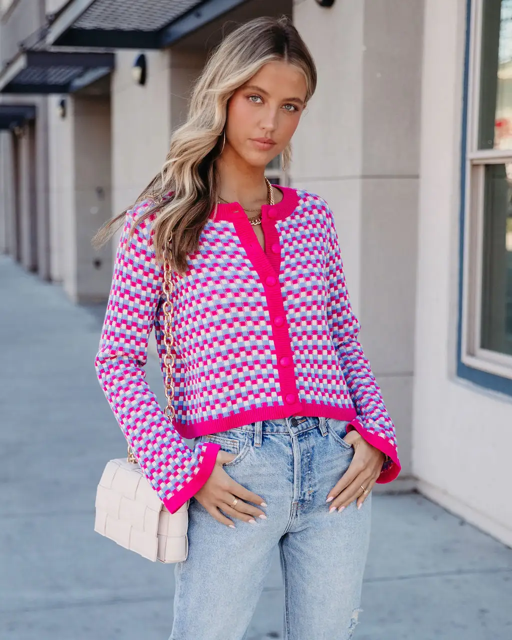 Dorinda Checkered Button Front Bell Sleeve Cardigan - SALE 7 Dorinda Checkered Button Front Bell Sleeve Cardigan - SALE - Image 7