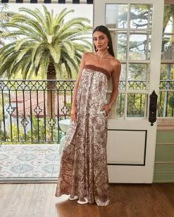 AAKA-001 Dos Santos Satin Printed Pocketed Strapless Jumpsuit - SALE