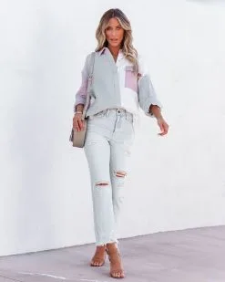 Dren Cotton Colorblock Button Down Top - Dusty Blue Combo - FINAL SALE -clothes Sales drencottoncolorblockbuttondowntopdustybluecombo13