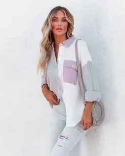 Dren Cotton Colorblock Button Down Top - Dusty Blue Combo - FINAL SALE
