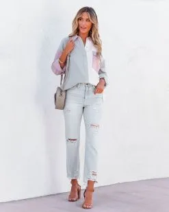 Dren Cotton Colorblock Button Down Top - Dusty Blue Combo - FINAL SALE -clothes Sales drencottoncolorblockbuttondowntopdustybluecombo3