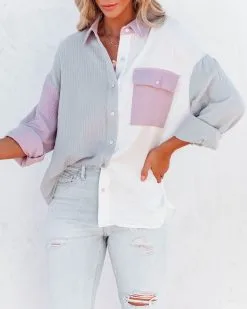 Dren Cotton Colorblock Button Down Top - Dusty Blue Combo - FINAL SALE -clothes Sales drencottoncolorblockbuttondowntopdustybluecombo41