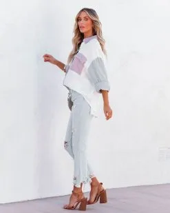 Dren Cotton Colorblock Button Down Top - Dusty Blue Combo - FINAL SALE -clothes Sales drencottoncolorblockbuttondowntopdustybluecombo8