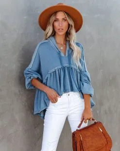 Drue High Low Ruffle Knit Hoodie - Sea Blue - FINAL SALE