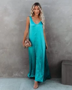 Empire Satin Maxi Dress - Aqua - FINAL SALE