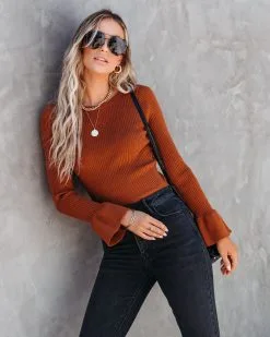 Esen Ribbed Bell Sleeve Knit Sweater - Rust - FINAL SALE