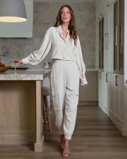 MUST-001 Eugina Snap Button Down Top - Cream - FINAL SALE -clothes Sales euginasnapbuttondowntopandjoggerpantscream 20