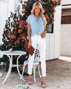 SNEA-001 Factory Tencel Button Down Top - Light Wash - FINAL SALE 11 SNEA-001 Factory Tencel Button Down Top - Light Wash - FINAL SALE -clothes Sales factorytencelbuttondowntoplightwash1