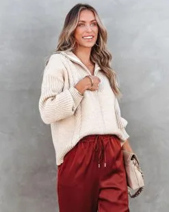 SKIE-001 Fall Thrills Cable Knit Half Zip Pullover Sweater - Oatmeal - FINAL SALE -clothes Sales fallthrillscableknithalfzippulloversweateroatmealandlavishdreamssatincargojoggersrust144